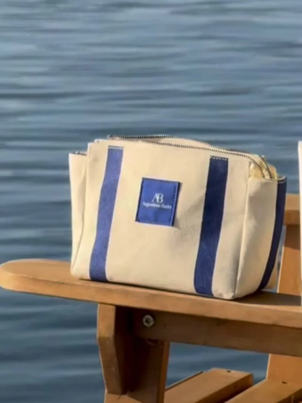 Augustinus Bader cream & blue striped canvas cosmetic bag makeup travel pouch